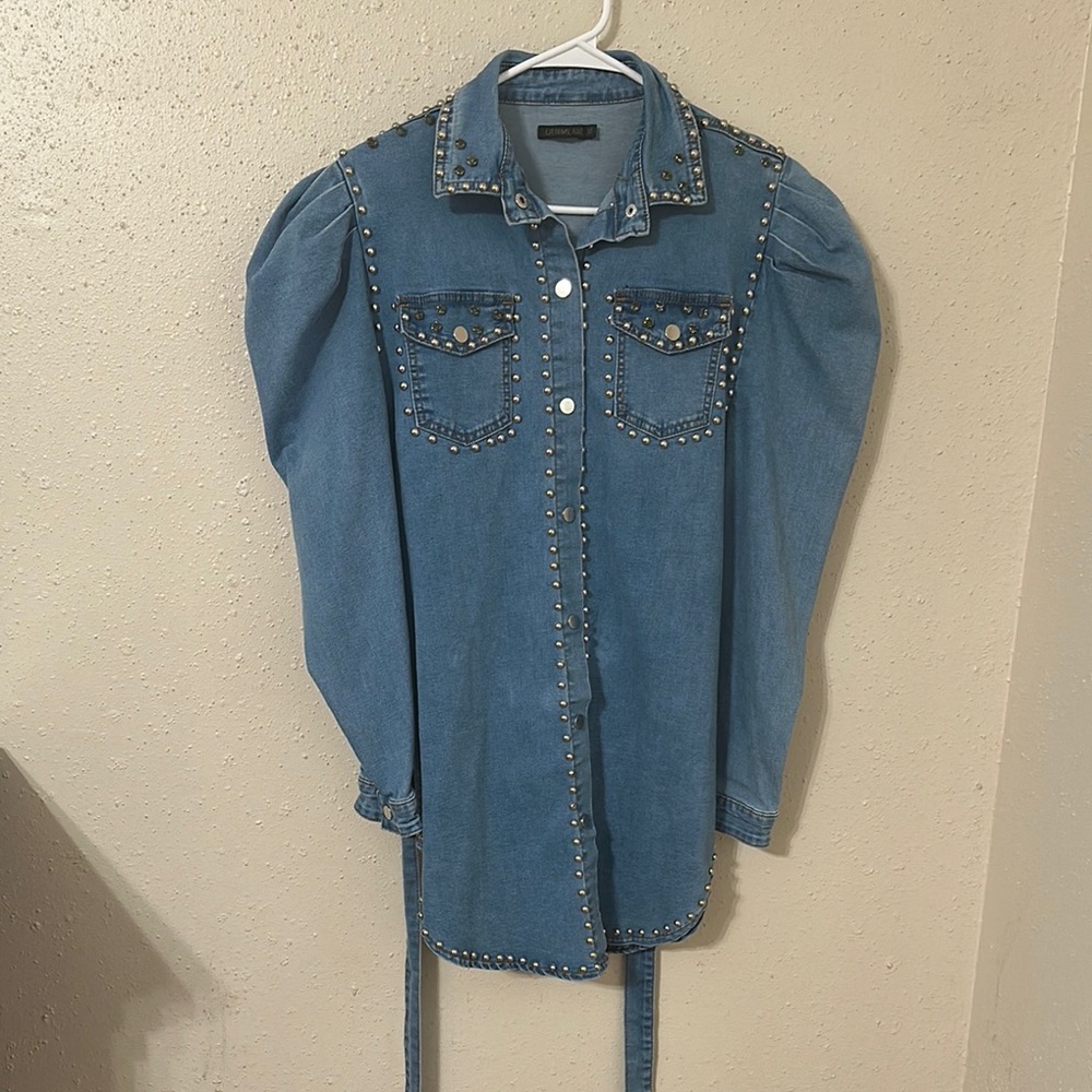 Studded Denim Shirt with Puff Sleeves
